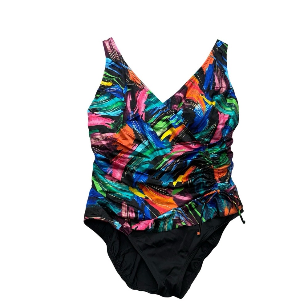 Great Lengths Womens Swimsuit 16 Black One Piece Cinched Ruched Slimming Swim